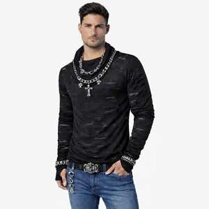 Mens Cowl Neck Black Shirt Long Sleeve Distressed Gothic Inspired Streetwear XL